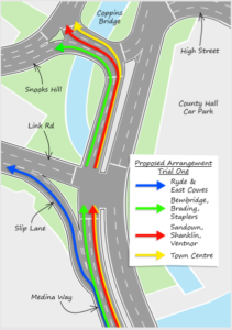 Map showing proposed lane trial traffic arrangements for Medina Way Coppins Bridge Approach