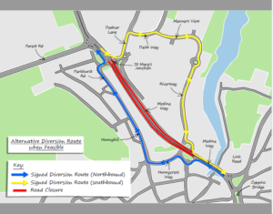 map showing the alternative diversion route during night time resurfacing works at St Mary's Newport