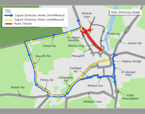 map showing the main diversion route during night time resurfacing works at St Mary's Newport