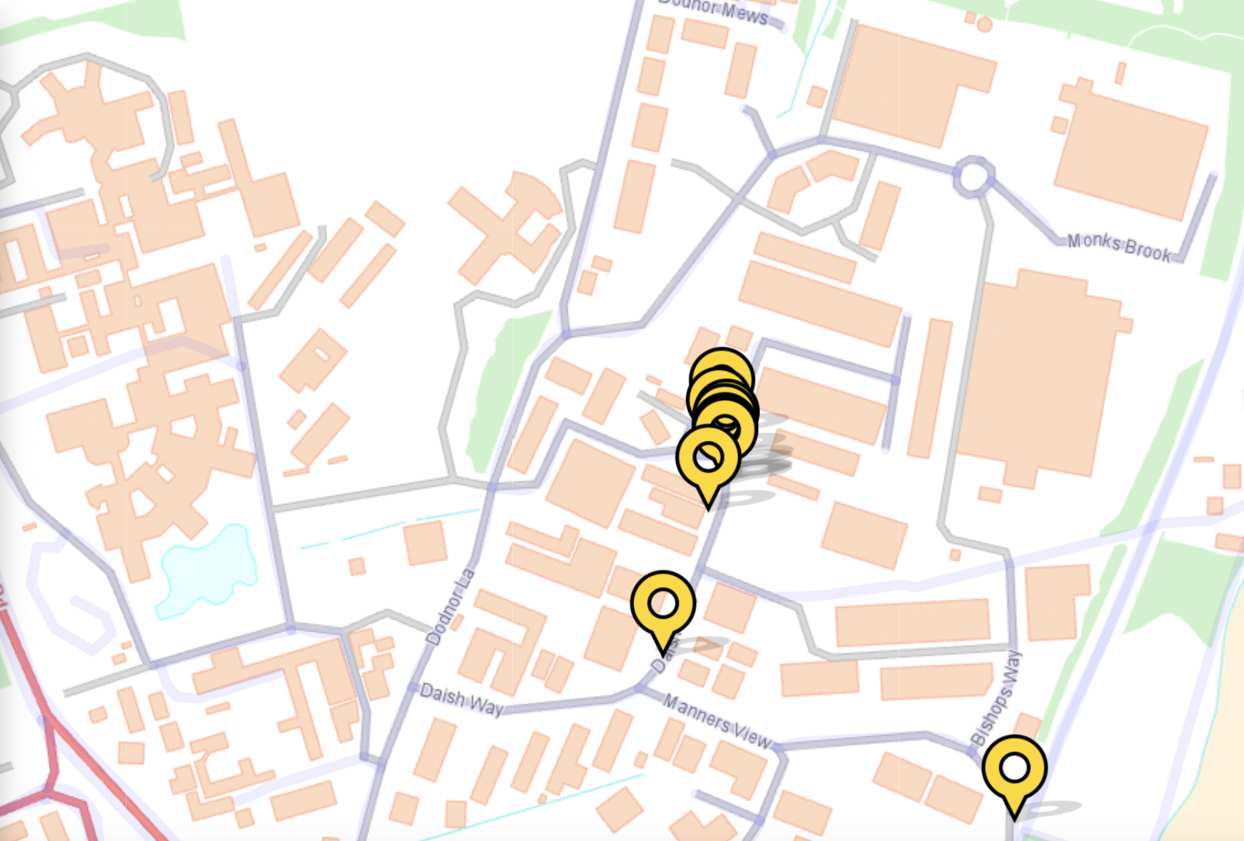 Map with yellow pins marking the location of reported problems