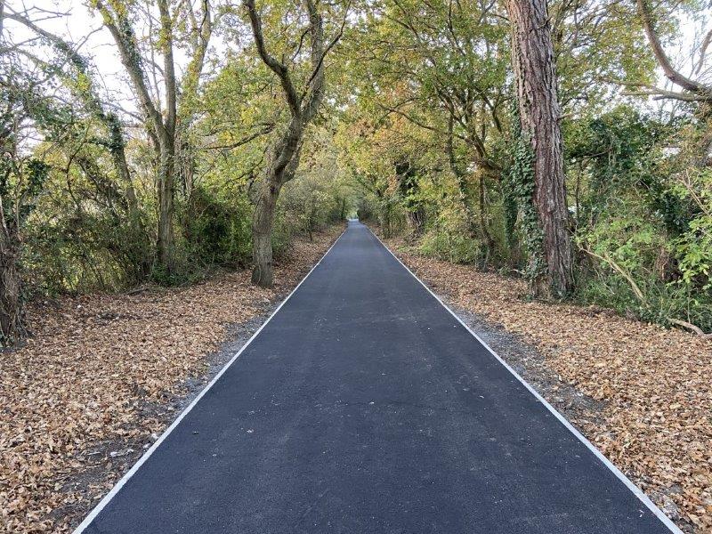 smart new tarmac surface to pathway with trees either side and autumn leaves
