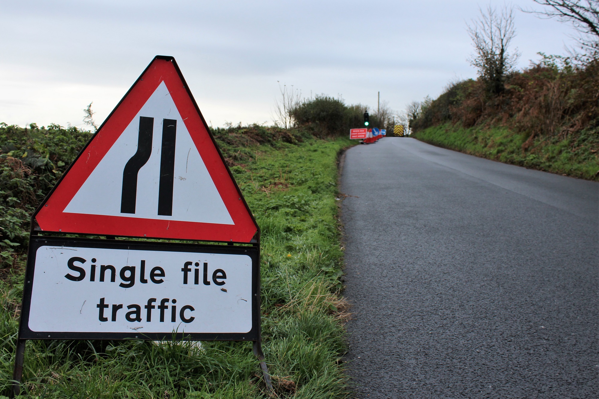 Single file traffic road sign on Newport Road at Niton
