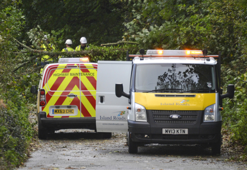 Photo showing two Island Roads vans attending the site of a fallen tree to undertake emergency clearance works