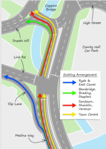 Map showing existing traffic arrangement for Medina Way Coppins Bridge Approach