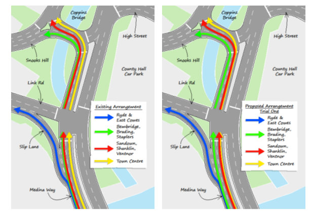 Image showing existing and proposed traffic arrangements for Medina Way and Coppins Bridge Newport Isle of Wight