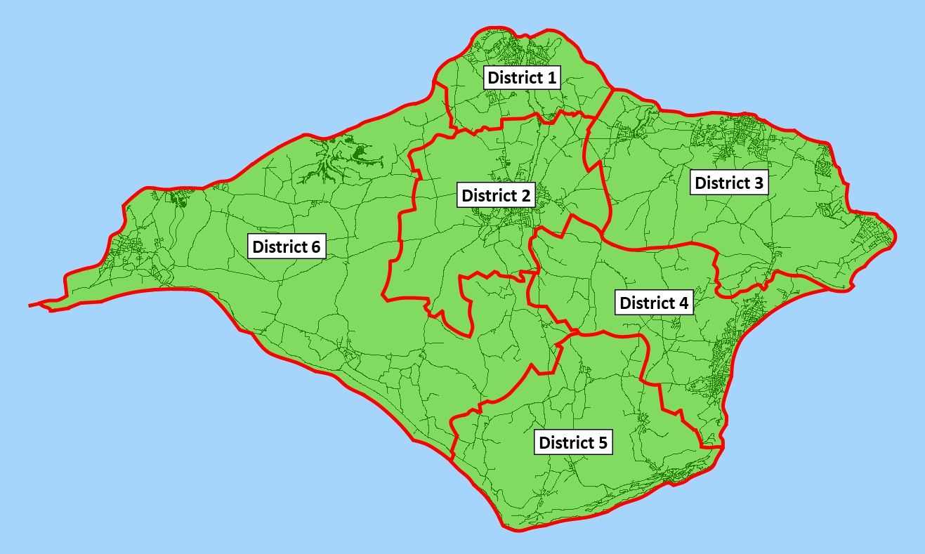 Map showing the Isle of Wight divided into 6 districts