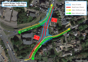 Map showing traffic arrangements and diversions at Fairlee Road, Link Road and Staplers during the Coppins Bridge traffic signals upgrade works