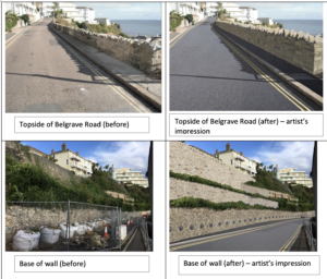 four photos showing the before (actual) and after (artist's impression) of Belgrave Road Ventnor once repaired.