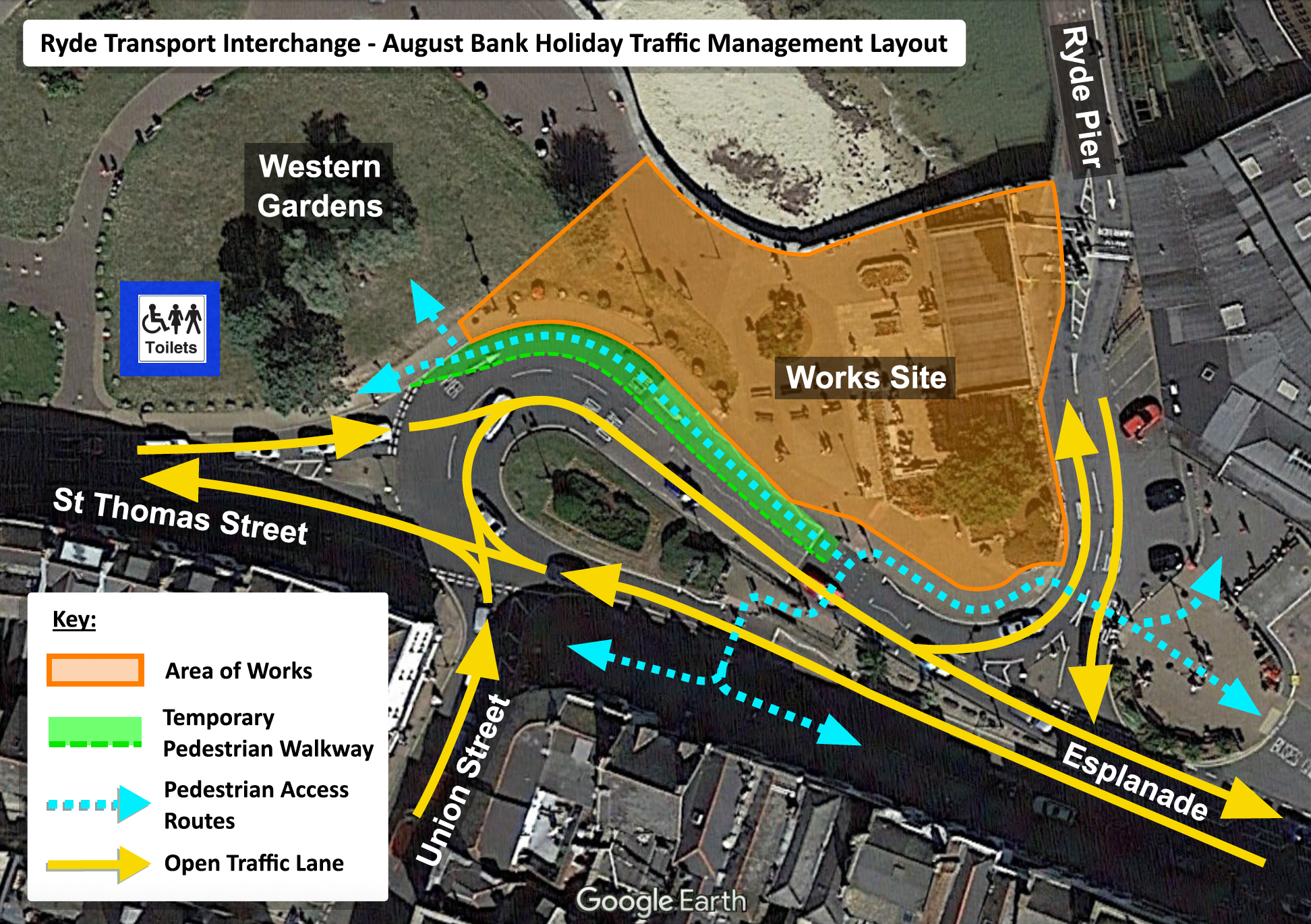 Map showing the new temporary walkway along Ryde Esplanade to reach Western Gardens