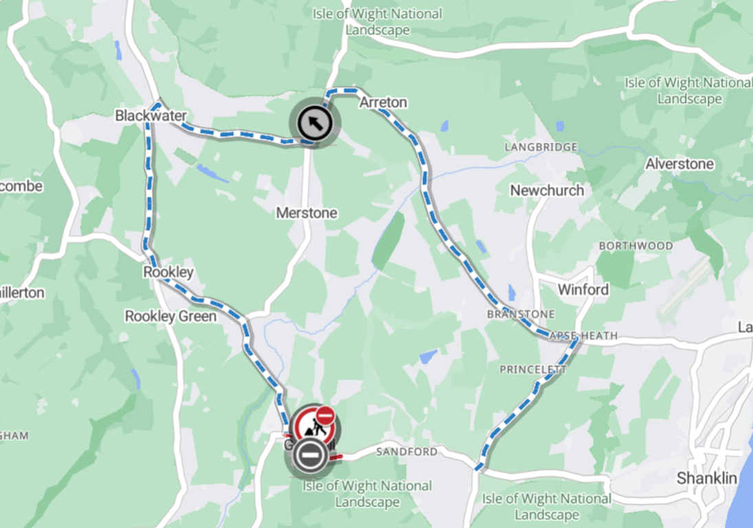 map showing Godshill with diversion marked with a dotted line